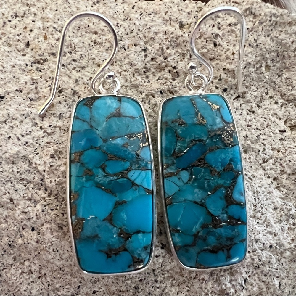 ❤️ Kingman Copper Turquoise Rectangle Dangle Earrings 1.50”L Southwestern 925